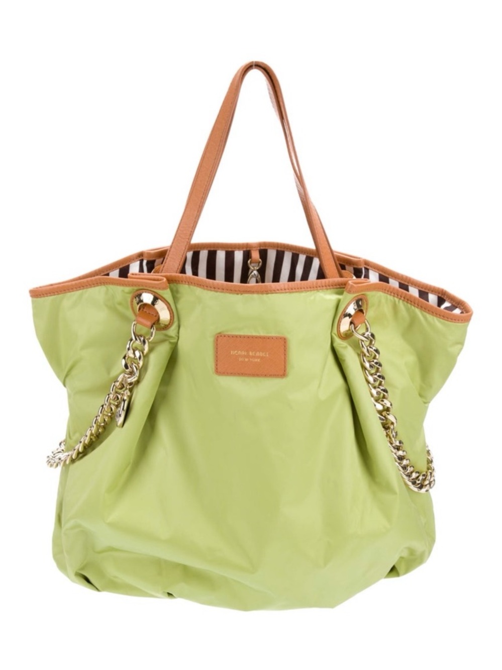 Henri Bendel Lime Green Satin Tote with Tan Leather Trim and Gold Chain Handles
